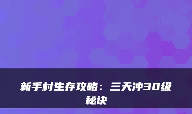 新手村生存攻略：三天冲30级秘诀