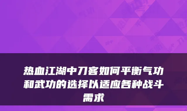 热血江湖中刀客如何平衡气功和武功的选择以适应各种战斗需求