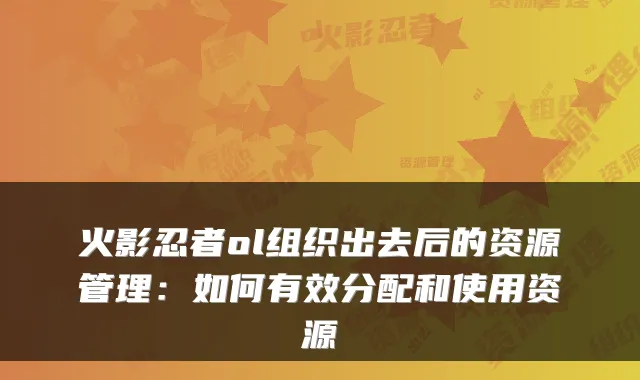 火影忍者ol组织出去后的资源管理：如何有效分配和使用资源
