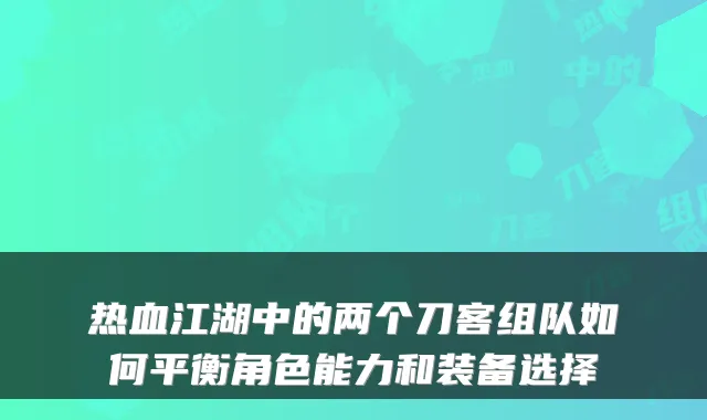 热血江湖中的两个刀客组队如何平衡角色能力和装备选择