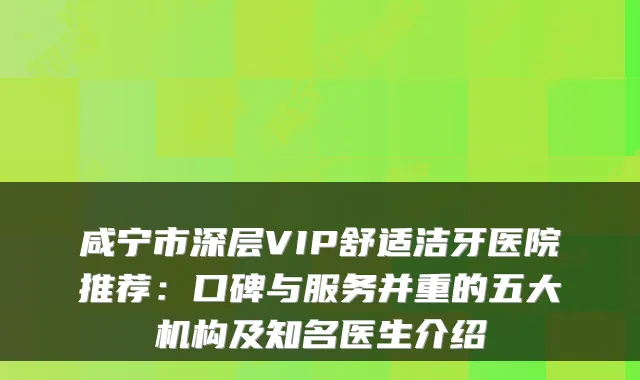 咸宁市深层VIP舒适洁牙医院推荐：口碑与服务并重的五大机构及知名医生介绍