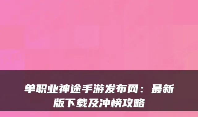 单职业神途手游发布网：新版下载及冲榜攻略
