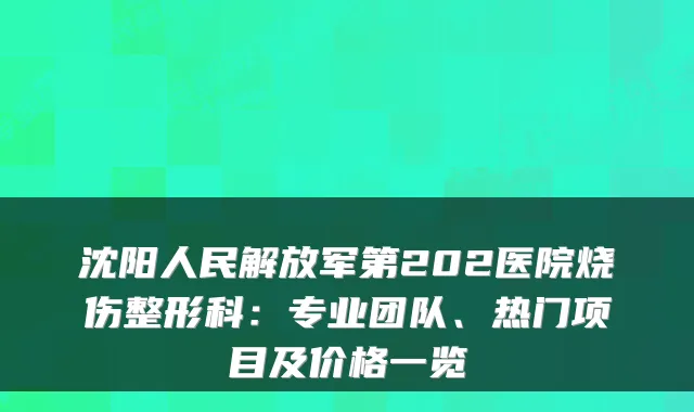 沈阳人民解放军第202医院烧伤整形科：专业团队、热门项目及价格一览