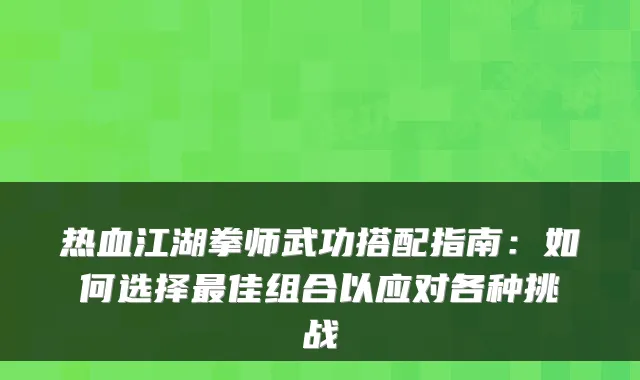 热血江湖拳师武功搭配指南:如何选择佳组合以应对各种挑战