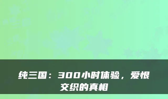 纯三国:300小时体验,爱恨交织的真相