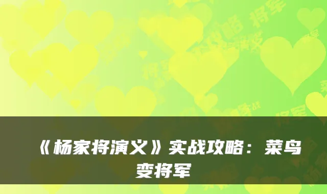 《杨家将演义》实战攻略：菜鸟变将军