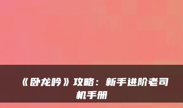 《卧龙吟》攻略：新手进阶老司机手册