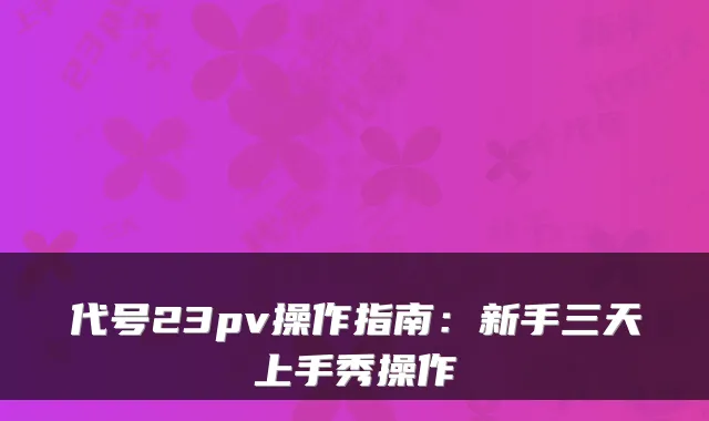 代号23pv操作指南:新手三天上手秀操作