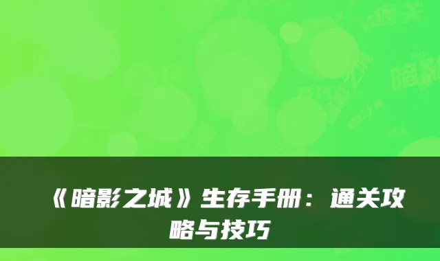 《暗影之城》生存手册：通关攻略与技巧