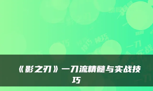 《影之刃》一刀流精髓与实战技巧