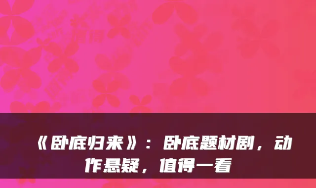 《卧底归来》：卧底题材剧，动作悬疑，值得一看