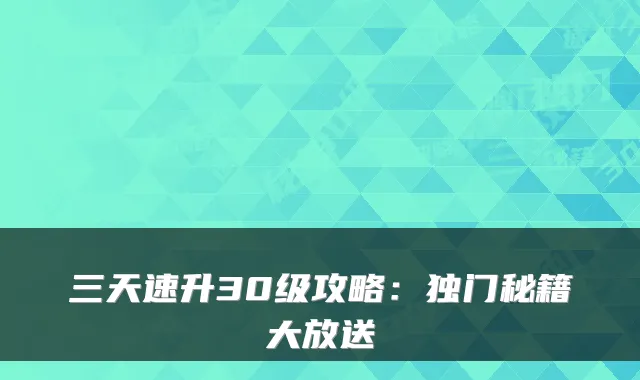 三天速升30级攻略：独门秘籍大放送
