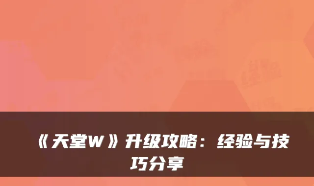 《天堂W》升级攻略：经验与技巧分享